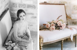 vintage couch pink bouquet bride