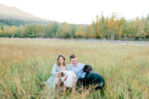 Eklutna Lake fall engagement photos with dogs