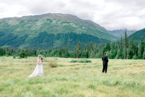 Moose Meadows first look Alyeska Resort wedding
