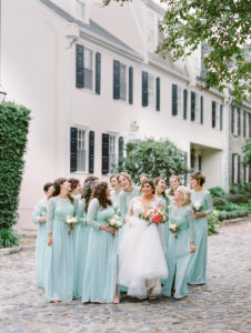 mint bridesmaids cobblestone street Charleston wedding