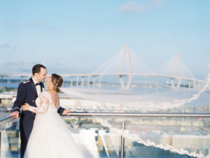 The Cedar Room rooftop bride and groom portraits bridge veil