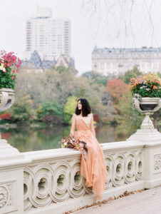 Central Park wedding elopement Bow bridge fall autumn bride peach gown